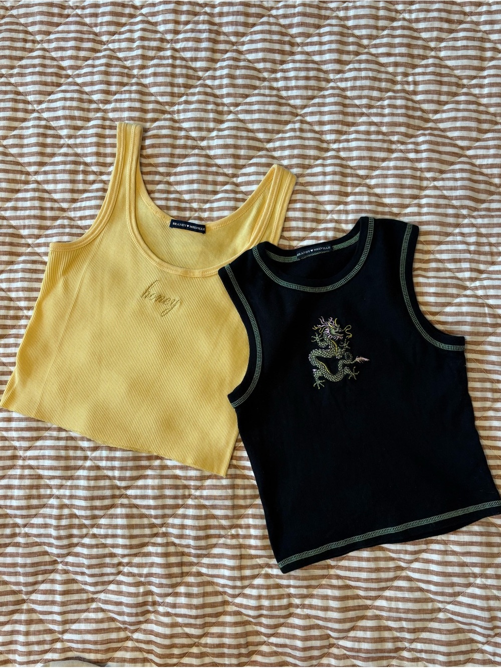 Brandy Melville Yellow Ribbed Tank & Black Dragon Tank Duo